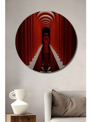 Teona Ahşap Kırmızı Koridor Kadın Modern Sanat Tablosu Yuvarlak Duvar Tablosu