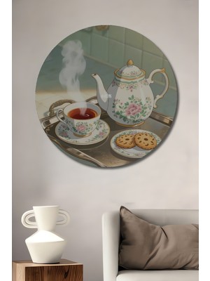 Teona Ahşap Çay Saati Sanatının Büyüsü Sulu Boya Görünümlü Ahşap Dekoratif Tablo Yuvarlak Duvar Tablosu