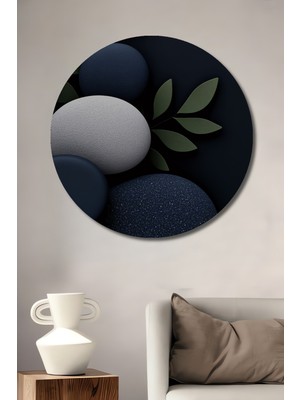 Teona Ahşap Doğal Taş ve Yaprak Tasarımlı Modern Soyut Sanat Ahşap Dekoratif Tablo Yuvarlak Duvar Tablosu