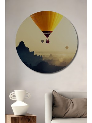 Teona Ahşap Sarı Sıcak Hava Balonu Manzarası Yağlı Boya Görünümlü Ahşap Dekoratif Tablo Yuvarlak Duvar Tablosu