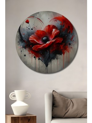 Teona Ahşap Kan Kırmızısı Gelincikli Kalp Sulu Boya Görünümlü Modern Sanat Ahşap Dekoratif Tablo  Yuvarlak Duvar Tablosu