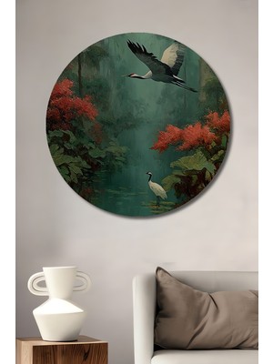 Teona Ahşap Sakin Orman Turnası Sulu Boya Görünümlü Ahşap Dekoratif Tablo Yuvarlak Duvar Tablosu