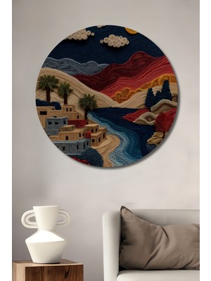 Teona Ahşap Renkli Dağ Manzaralı Eşsiz El Işi Ağaç Ev ve Nehir Tablosu Yuvarlak Duvar Tablosu