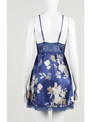 Biçomi Bicomi Özel Tasarım Çiçek Desenli Ince Askılı Dantel Işlemeli Göğüs Dekolteli Mavi Mini Saten Gecelik