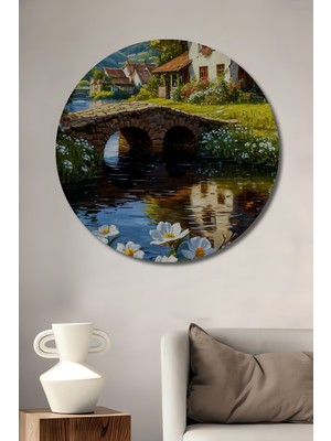 Teona Ahşap Doğa Manzaralı Taş Köprü Sanat Tablosu Yağlı Boya Görünümlü Ahşap Dekoratif Tablo Yuvarlak Duvar Tablosu