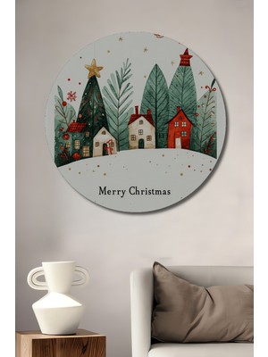 Teona Ahşap Büyülü Kış Masalı Sulu Boya Görünümlü Ahşap Dekoratif Tablo Yuvarlak Duvar Tablosu