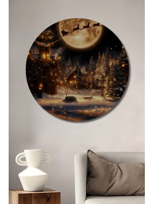 Teona Ahşap Noel Baba Kızaklı Geyikler Ay Işığında Soyut Sanat Tablosu Yuvarlak Duvar Tablosu