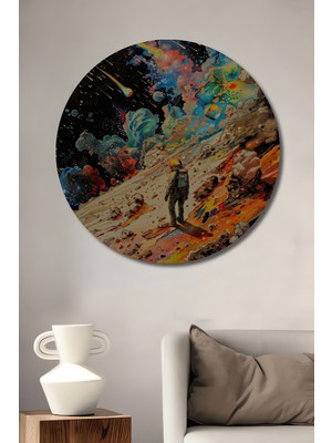 Teona Ahşap Gızemlı Uzay Kaşifi Yağlı Boya Görünümlü Modern Sanat Ahşap Dekoratif Tablo Yuvarlak Duvar Tablosu