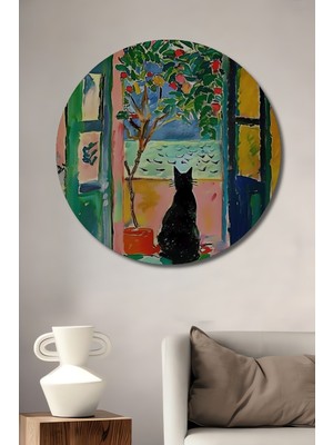Teona Ahşap Bohem Siyah Kedi Manzaralı Yağlı Boya Görünümlü Ahşap Dekoratif Tablo Yuvarlak Duvar Tablosu