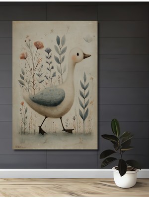 Teona Ahşap Sevimli Kaz ve Bohem Çiçekler Sulu Boya Görünümlü Ahşap Dekoratif Ev,antre,salon,ofis,mutfak Tablo