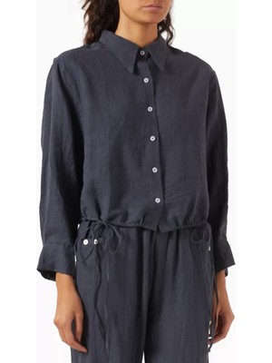 Hem Lüks Keten Gömlek Ayarlanabilir Bağcıklı Lacivert Tasarım