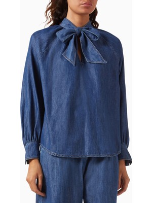 Marella Zigano Denim Gömlek, Fiyonklu Yaka ve Zarif Günlük Tasarım