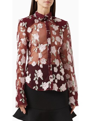 Rotate Birger Christensen Çiçek Işlemeli Sheer Mesh Kadın Gömlek, Şık ve Sürdürülebilir