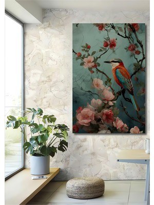 Teona Ahşap Canlı Renkli Kuş ve Pembe Çiçek Tasvirli Yağlı Boya Görünümlü Ahşap Dekoratif Ev,antre,salon Tablo