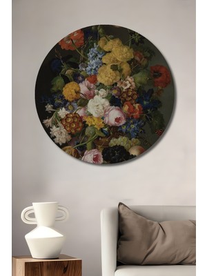 Teona Ahşap Muhteşem Bohem Sanat Çiçek ve Meyve Buketi Yağlı Boya Görünümlü Ahşap Tablo Yuvarlak Duvar Tablosu