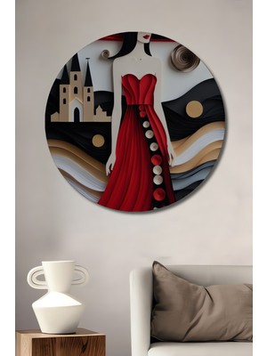 Teona Ahşap Kırmızı Elbiseli Çarpıcı Kadın Yağlı Boya Görünümlü Dekoratif Ahşap Tablo Yuvarlak Duvar Tablosu