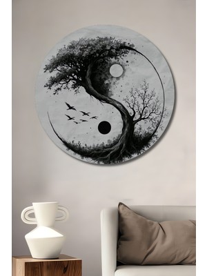 Teona Ahşap Yin Yang Ağaç ve Kuşlar Sulu Boya Görünümlü Ahşap Dekoratif Tablo Yuvarlak Duvar Tablosu