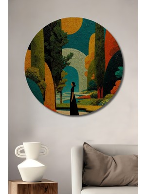 Teona Ahşap Büyülü Bahçe Kadını Yağlı Boya Görünümlü Ahşap Dekoratif Tablo Yuvarlak Duvar Tablosu