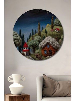 Teona Ahşap Yün Iplik Sanatı Ev ve Yıldızlı Gökyüzü Dekoratif Ahşap Tablo Yuvarlak Duvar Tablosu