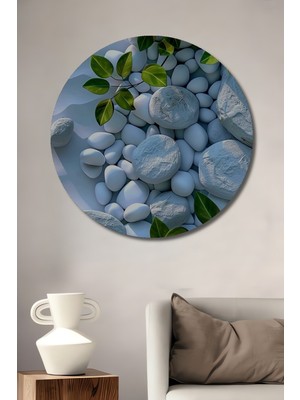 Teona Ahşap Beyaz Taşlar ve Yeşil Yapraklar Yağlı Boya Görünümlü Dekoratif Ahşap Tablo Yuvarlak Duvar Tablosu