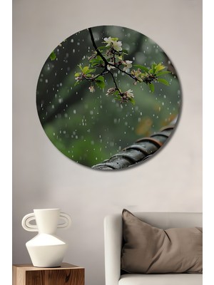Teona Ahşap Yağmur Damlalı Ağaç Dalı Sulu Boya Görünümlü Dekoratif Ahşap Tablo Yuvarlak Duvar Tablosu
