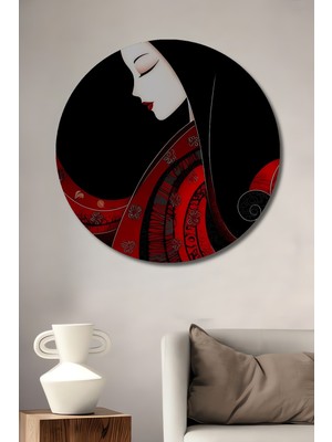 Teona Ahşap Zarif Japon Kadını Yağlı Boya Görünümlü Ahşap Tablo Yuvarlak Duvar Tablosu