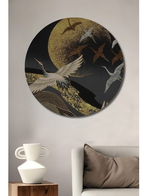 Teona Ahşap Altın Ay Işığında Kanatlanan Turnalar Yağlı Boya Görünümlü Ahşap Dekoratif Tablo Yuvarlak Duvar Tablosu