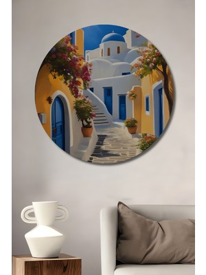 Teona Ahşap Santorini Mavisi Bohem Sanat Yağlı Boya Görünümlü Ahşap Dekoratif Tablo Yuvarlak Duvar Tablosu