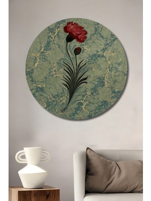 Teona Ahşap Kırmızı Karanfil Ebru Sanatı Ahşap Dekoratif Tablo Yuvarlak Duvar Tablosu
