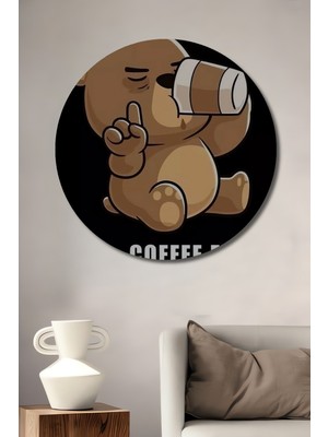 Teona Ahşap Sevimli Ayıcık Kahve Molası Yağlı Boya Görünümlü Dekoratif Ahşap Tablo Yuvarlak Duvar Tablosu