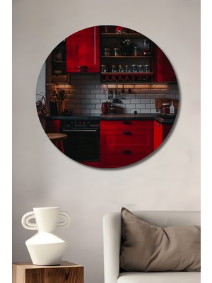 Teona Ahşap Kırmızı Mutfak Dolabı Yağlı Boya Görünümlü Ahşap Dekoratif Tablo Yuvarlak Duvar Tablosu