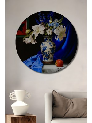 Teona Ahşap Bebek Mavisi Vazo Çiçek Buketi Elma Kelebek Baskılı Ahşap Dekoratif Tablo Yuvarlak Duvar Tablosu