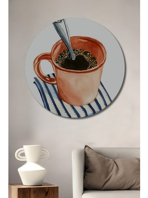 Teona Ahşap Sulu Boya Görünümlü Kahve Keyfi Ahşap Dekoratif Tablo Yuvarlak Duvar Tablosu