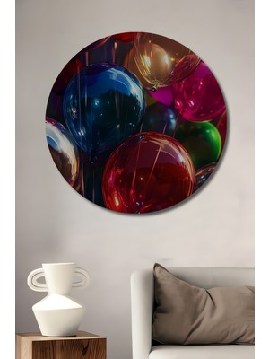 Teona Ahşap Parlak Balon Buketi Yağlı Boya Görünümlü Dekoratif Ahşap Tablo Yuvarlak Duvar Tablosu