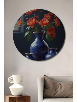 Teona Ahşap Canlı Koyu Mavi Vazo Çiçek Buketi Yağlı Boya Görünümlü Dekoratif Ahşap Tablo Yuvarlak Duvar Tablosu