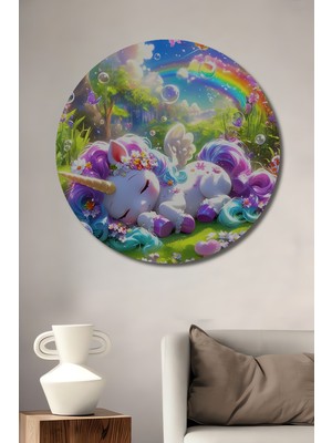 Teona Ahşap Unicorn Rüya Ormanı Yağlı Boya Görünümlü Ahşap Dekoratif Tablo Yuvarlak Duvar Tablosu