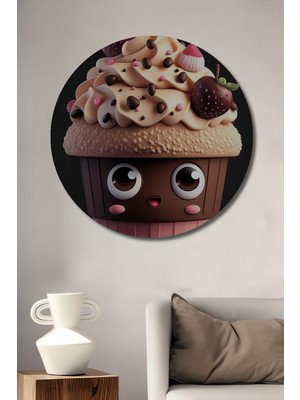 Teona Ahşap Sevimli Cupcake Dijital Baskı Sanat Tablosu Yuvarlak Duvar Tablosu