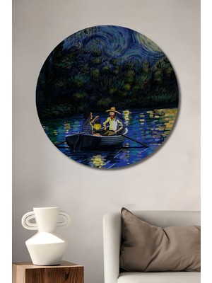 Teona Ahşap Yıldızlı Gece Tekne Romantizmi Yağlı Boya Görünümlü Ahşap Dekoratif Tablo Yuvarlak Duvar Tablosu