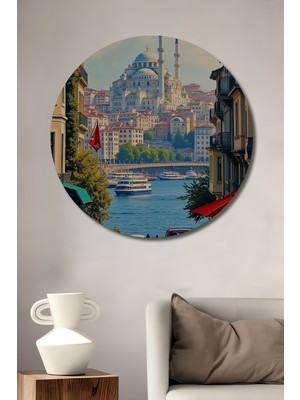 Teona Ahşap Istanbul Boğaz Manzaralı Yağlı Boya Görünümlü Retro Sanat Ahşap Tablo Yuvarlak Duvar Tablosu