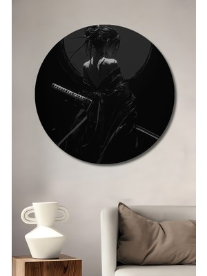 Teona Ahşap Siyah Beyaz Samuray Kadın Desenli Yağlı Boya Görünümlü Ahşap Dekoratif Tablo Yuvarlak Duvar Tablosu