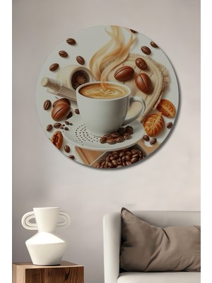 Teona Ahşap Kahve Tutkusu Yağlı Boya Görünümlü Dekoratif Ahşap Tablo Yuvarlak Duvar Tablosu