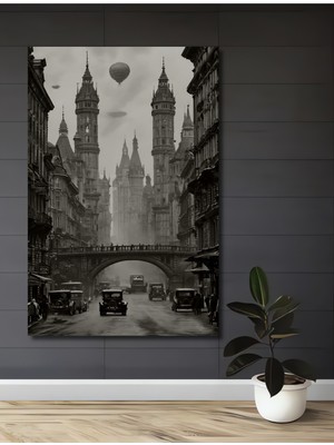 Teona Ahşap Steampunk Şehir Manzarası Hava Balonu Sulu Boya Görünümlü Ahşap Dekoratif Ev,antre,salon Tablo