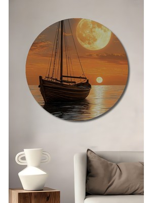 Teona Ahşap Büyük Ay ve Yelkenli Tekne Yağlı Boya Görünümlü Dekoratif Ahşap Tablo Yuvarlak Duvar Tablosu