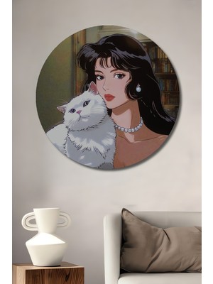 Teona Ahşap Anime Tarzı Kedi Sever Kadın Yağlı Boya Görünümlü Ahşap Dekoratif Tablo Yuvarlak Duvar Tablosu