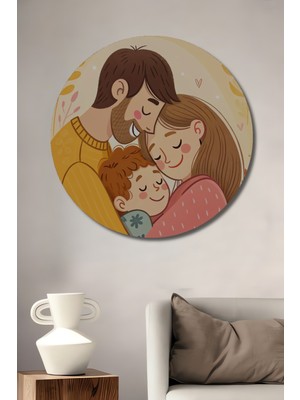 Teona Ahşap Aile Sevgi Seli Sulu Boya Görünümlü Ahşap Tablo Yuvarlak Duvar Tablosu