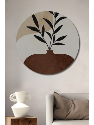 Teona Ahşap Minimalist Siyah Yaprak Vazo Sulu Boya Görünümlü Ahşap Tablo Yuvarlak Duvar Tablosu