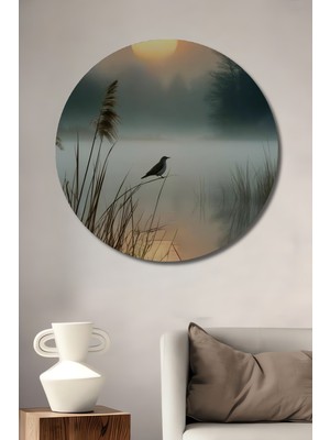 Teona Ahşap Yüzen Kuşlu Sisli Göl Manzarası Yağlı Boya Görünümlü Ahşap Dekoratif Tablo Yuvarlak Duvar Tablosu