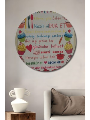 Teona Ahşap Mutfak Kuralları Renkli Cupcake Tasarımlı Pastel Boya Görünümlü Ahşap Dekoratif Tablo Yuvarlak Duvar Tablosu