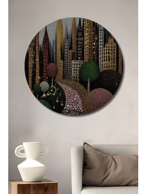Teona Ahşap Işıltılı Şehir Manzarası Yağlı Boya Görünümlü Dekoratif Ahşap Tablo Yuvarlak Duvar Tablosu