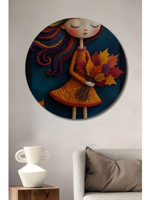 Teona Ahşap Renkli Saçlı Sonbahar Kızı Ahşap Dekoratif Tablo Yuvarlak Duvar Tablosu